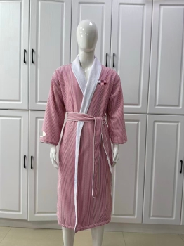 Classic Seersucker Striped Double Layer Microfiber Bath Robe Unisex