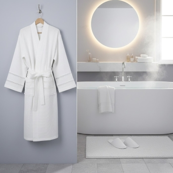 Luxury Dressing Gown Pure Cotton Waffle Bathrobe with Delicate Lace-Trimmed