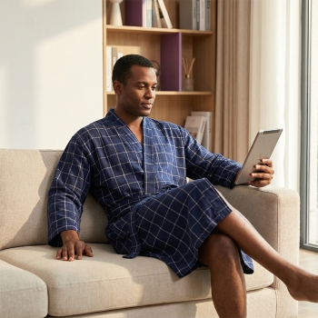 Luxury 220GSM 100% Cotton Men's Grid Bathrobe - Lightweight 3/4 Sleeve Kimono Robe for Hotel & Spa