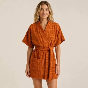 Custom Logo Jacquard Cotton Terry Short Bathrobe Shawl Collar Kimono Spa Robe for Hotel Beach Pool Resort