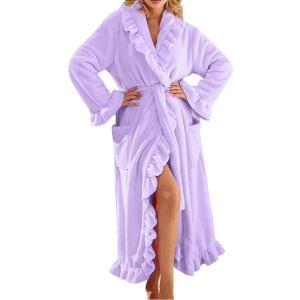 Women's Ultra Soft Ruffle Ankle-Length Fleece Robe Thickened Ruffle Trim Fashion Sleepwear Robes with Side Pockets