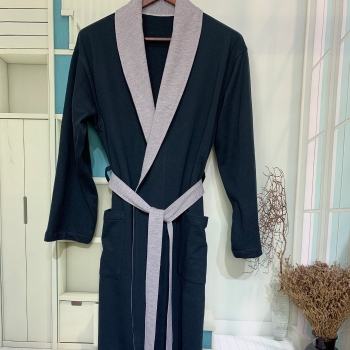 Plush Knitted Cotton Bathrobe Contrast Collar Shawl Men's Gown Spa Robe