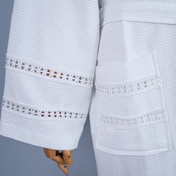 Luxury Dressing Gown Pure Cotton Waffle Bathrobe with Delicate Lace-Trimmed