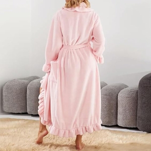 Women's Ultra Soft Ruffle Ankle-Length Fleece Robe Thickened Ruffle Trim Fashion Sleepwear Robes with Side Pockets