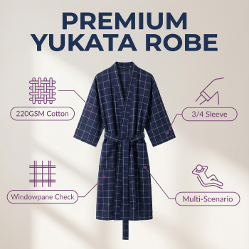 Luxury 220GSM 100% Cotton Men's Grid Bathrobe - Lightweight 3/4 Sleeve Kimono Robe for Hotel & Spa