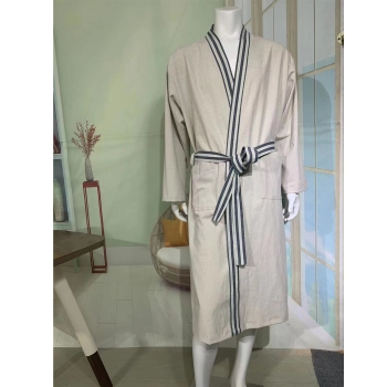 Custom logo Flax Linen Cotton Bath Robe Spa Sauna Bathrobe Kimono Sleepwear