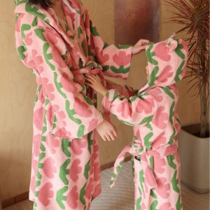 Tulip Series Hooded Bathrobe New Styles Water Absorbing 100% Cotton Yarn Dye Jacquard Design Robes Women's Pajamas Set