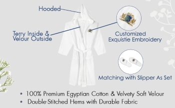 Customizable 100% Egyptian Cotton Velour Shower Hooded Bathrobe Gift Set
