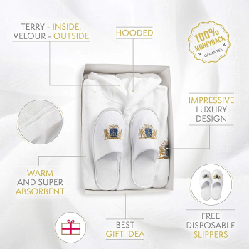 Customizable 100% Egyptian Cotton Velour Shower Hooded Bathrobe Gift Set