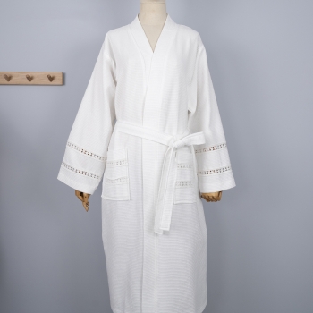 Luxury Dressing Gown Pure Cotton Waffle Bathrobe with Delicate Lace-Trimmed