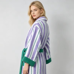 New Simple Striped Combed 100% Cotton Bathrobe Pure Cotton Class Weave Skin-friendly Absorbent Women Sleepwear