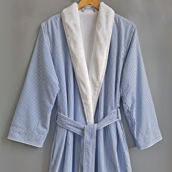 Premium Quality Mini Blue and White Mini Stripe Microfiber Double Layer Bathrobe for Women