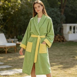 New Simple Striped Combed 100% Cotton Bathrobe Pure Cotton Class Weave Skin-friendly Absorbent Women Sleepwear