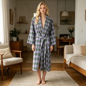 Yarn Dyed Jacquard Bathrobe Custom for Home Wear High Quality 100% Cotton Terry Loop Bathrobe Wave Point Women Sleepwear