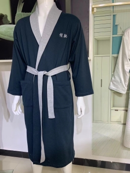 Plush Knitted Cotton Bathrobe Contrast Collar Shawl Men's Gown Spa Robe