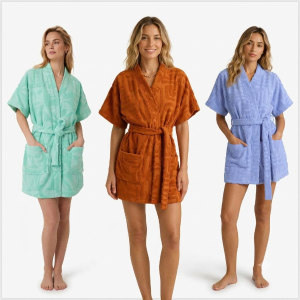 Custom Logo Jacquard Cotton Terry Short Bathrobe Shawl Collar Kimono Spa Robe for Hotel Beach Pool Resort
