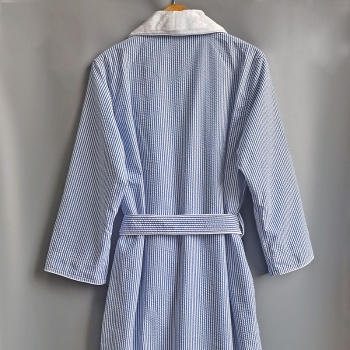 Premium Quality Mini Blue and White Mini Stripe Microfiber Double Layer Bathrobe for Women