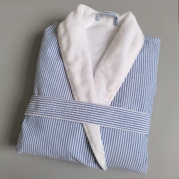 Premium Quality Mini Blue and White Mini Stripe Microfiber Double Layer Bathrobe for Women