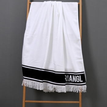 Custom Yarn Weaved Logo 100% Cotton Terry Toweling 600GSM Beach Towel With Fringe
