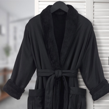 Luxury Double Layer Bathrobe Microfiber  with Soft Fleece Lining Custom Logo Unisex Spa Robe Black