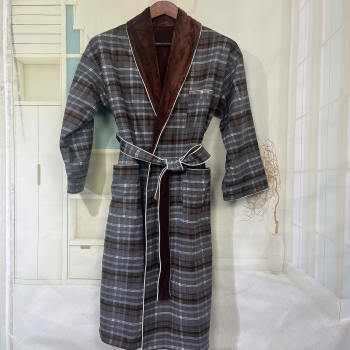 Double Layer Woolen Plaid With Plush Flannel Thick Robe Unisex