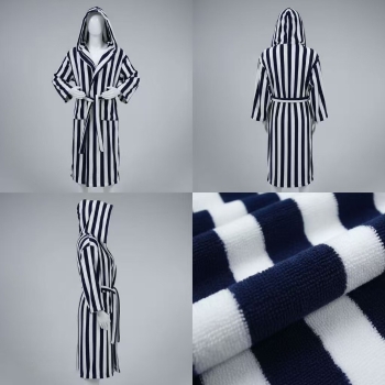 Customized 100% Cotton Yarn Dye Striped Hooded Style Bath Robes Unisex