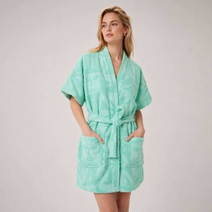 Custom Logo Jacquard Cotton Terry Short Bathrobe Shawl Collar Kimono Spa Robe for Hotel Beach Pool Resort