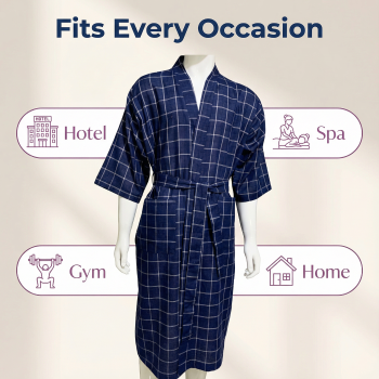Luxury 220GSM 100% Cotton Men's Grid Bathrobe - Lightweight 3/4 Sleeve Kimono Robe for Hotel & Spa