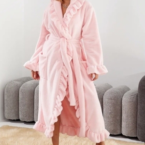 Women's Ultra Soft Ruffle Ankle-Length Fleece Robe Thickened Ruffle Trim Fashion Sleepwear Robes with Side Pockets