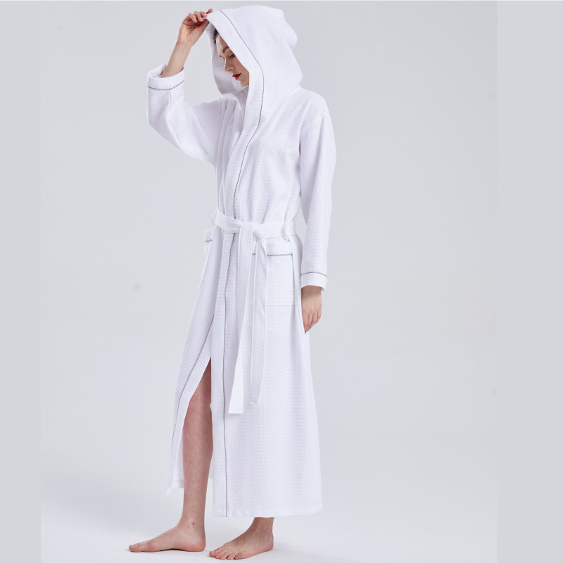 Lightweight Full-Length Robes Cotton Blended Waffle Hooded Bathrobe Unisex