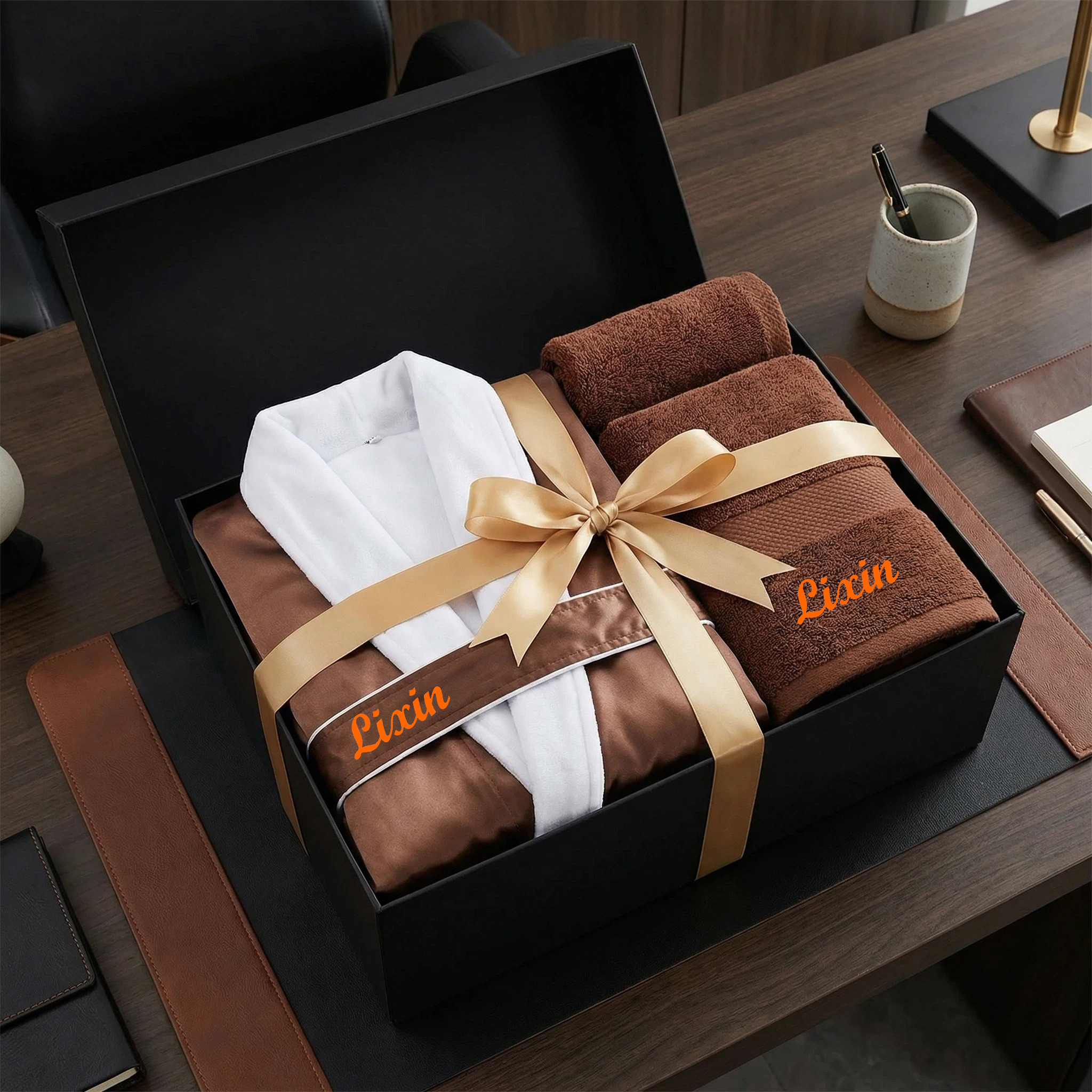 Custom logo Microfober Double Layer Bath Robe With Towel Gift Set