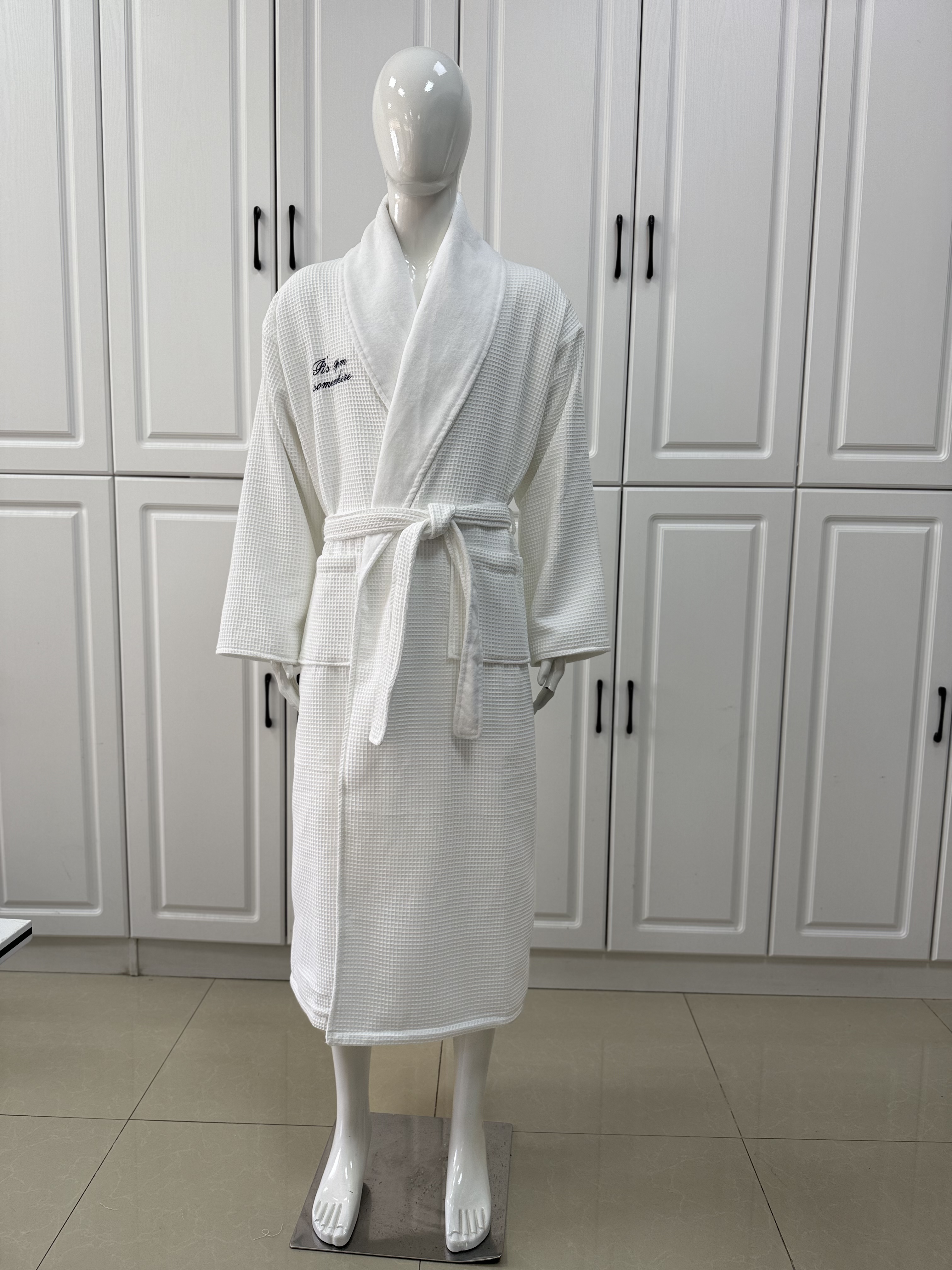 Customized Embroidery Logo Waffle Lined Cotton Velour Double Layer Bathrobes