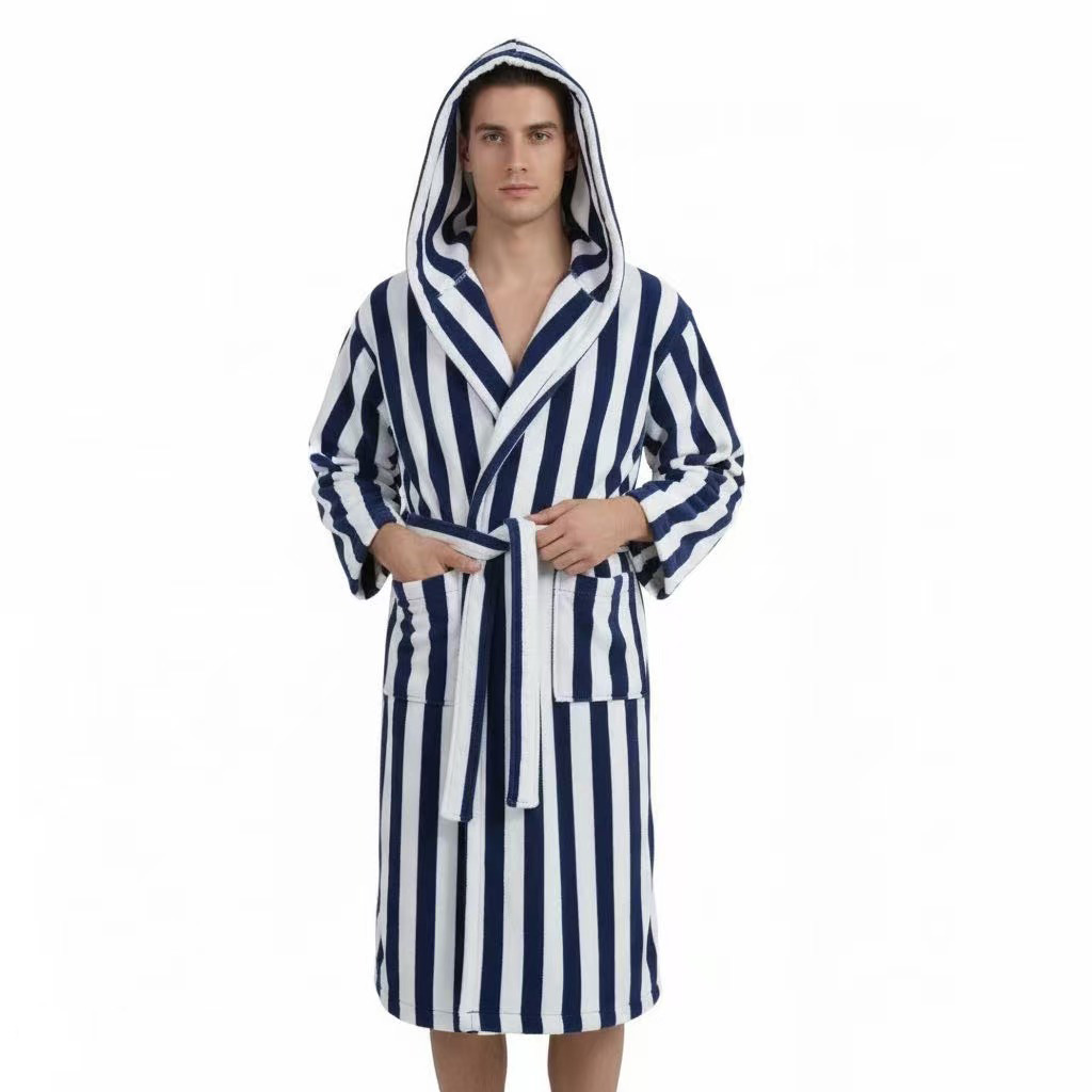 Customized 100% Cotton Yarn Dye Striped Hooded Style Bath Robes Unisex