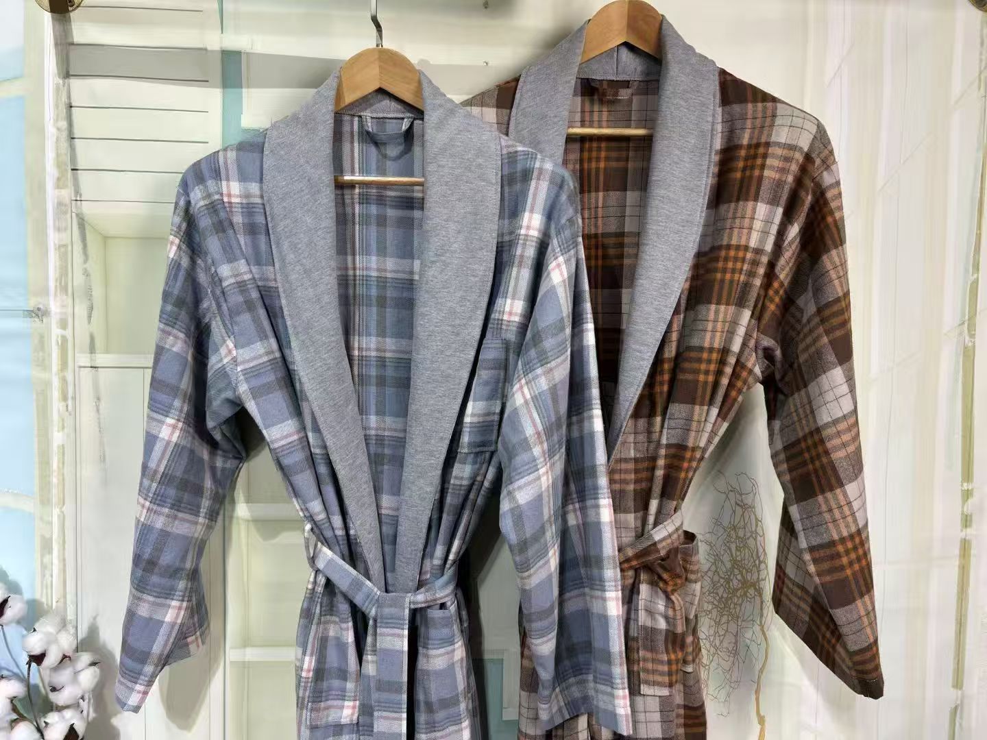 British Style Cotton Check Design Robes Dressing Gown Men