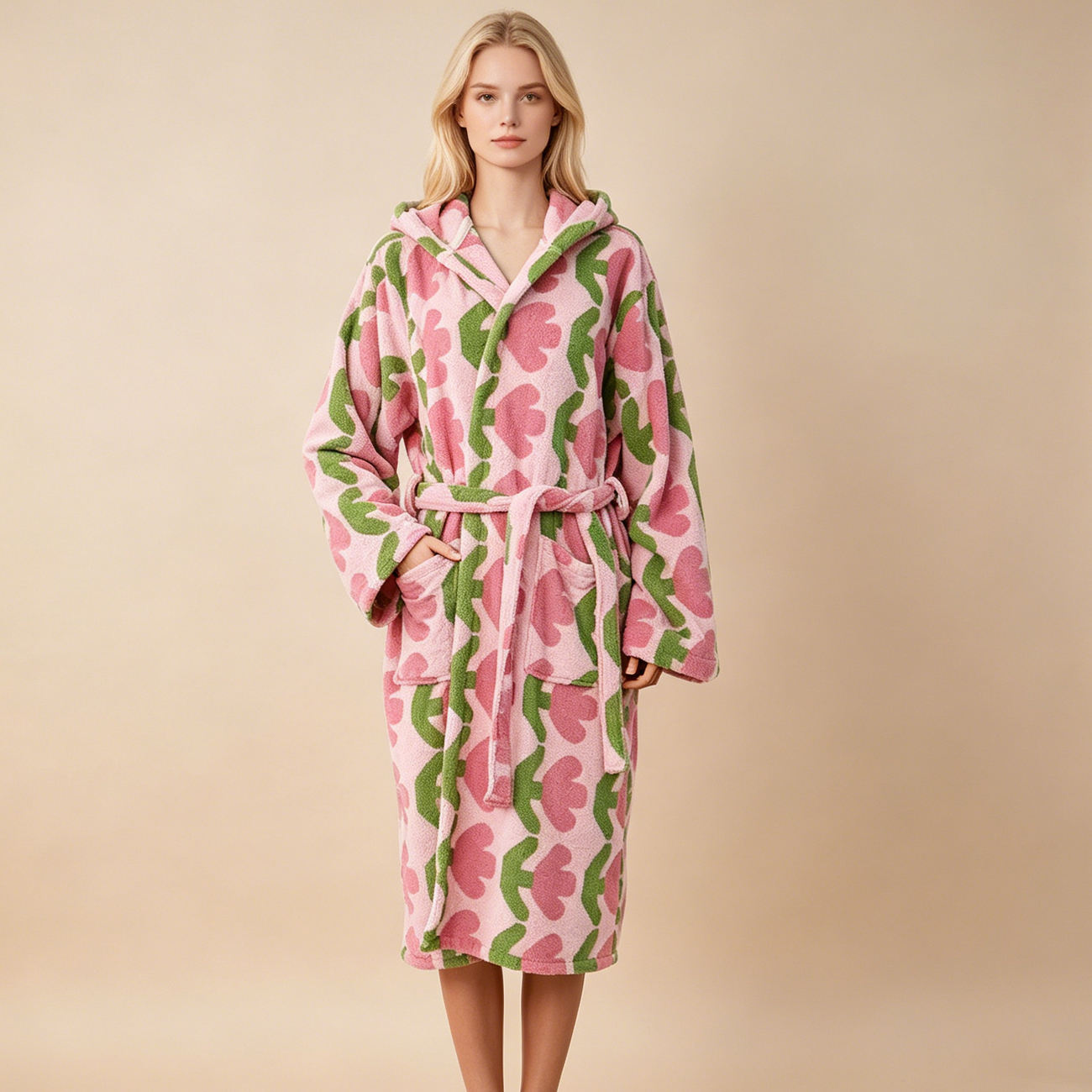 Tulip Series Hooded Bathrobe New Styles Water Absorbing 100% Cotton Yarn Dye Jacquard Design Robes Women's Pajamas Set