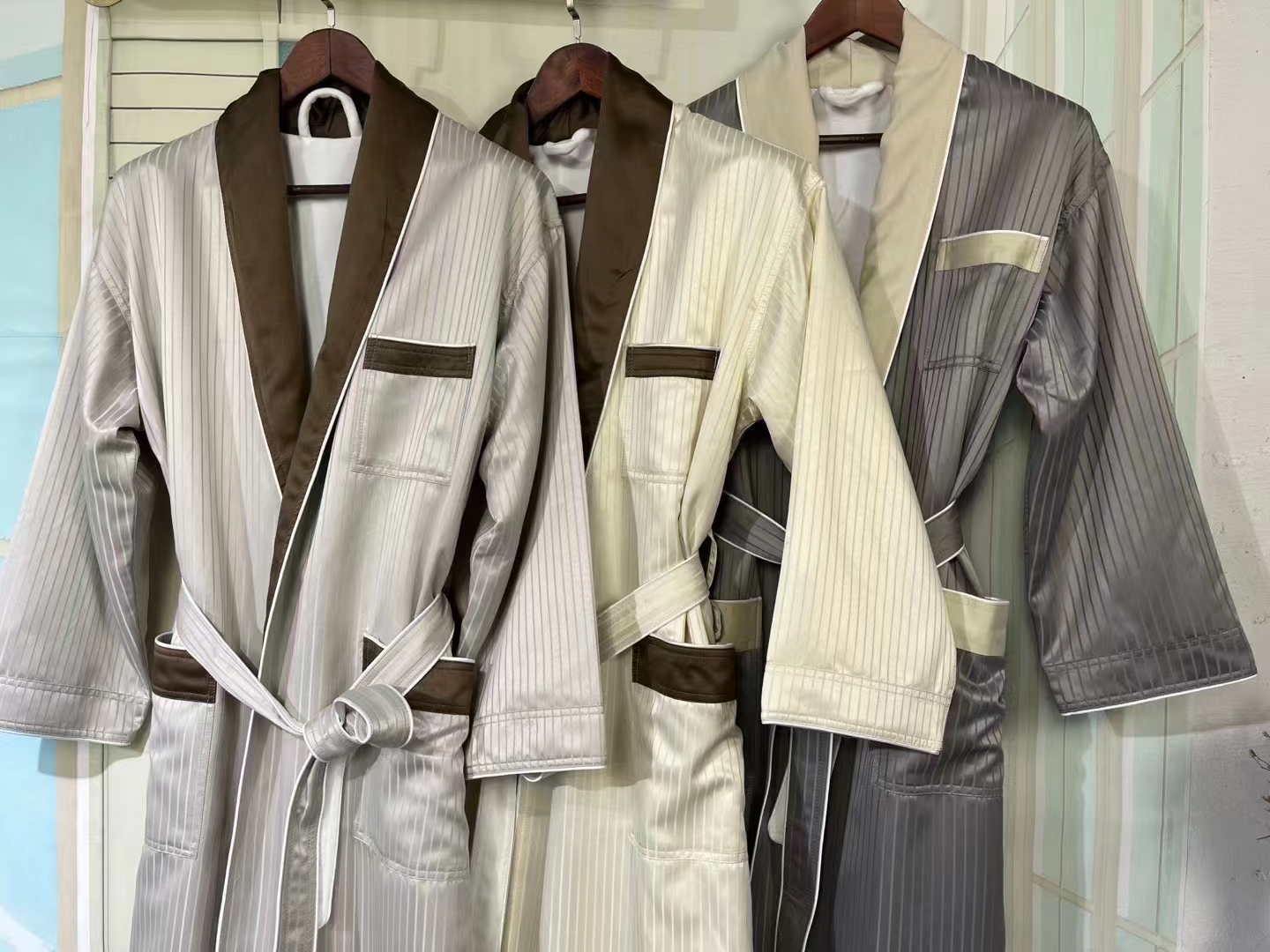 Personalized logo Mini Stripe Double Layer Shawl Collar Bath Robe Spa