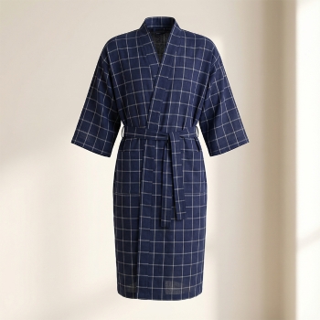 Luxury 220GSM 100% Cotton Men's Grid Bathrobe - Lightweight 3/4 Sleeve Kimono Robe for Hotel & Spa