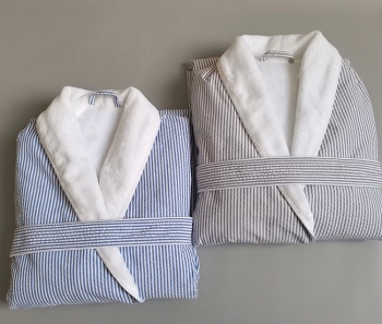 Premium Quality Mini Blue and White Mini Stripe Microfiber Double Layer Bathrobe for Women