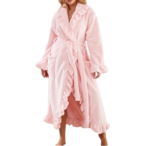 Women's Ultra Soft Ruffle Ankle-Length Fleece Robe Thickened Ruffle Trim Fashion Sleepwear Robes with Side Pockets