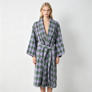 Yarn Dyed Jacquard Bathrobe Custom for Home Wear High Quality 100% Cotton Terry Loop Bathrobe Wave Point Women Sleepwear