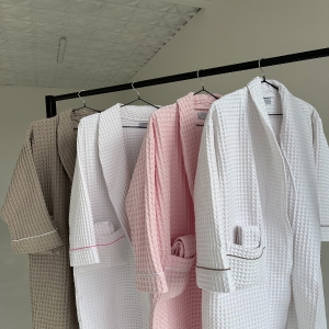 Cotton Waffle Robe, Soft Spa Loungewear, Pink cotton robe, White cotton waffle robe, Lightweight Sheer Spa Bathrobe, Lounge Coverup