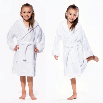 100% Combed Cotton Terry Toweling White Color Hooded SPA Robes for Kids 