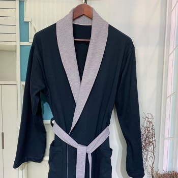 Plush Knitted Cotton Bathrobe Contrast Collar Shawl Men's Gown Spa Robe