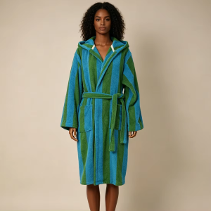Custom Luxury 100% Cotton Soft Color Woven Stripe Bath Robe Hooded Bathrobe for Men Women Robe